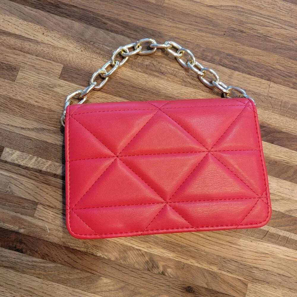 BEBE Red Quilted Faux Leather Crossbody Purse w Gold Chain Handstrap